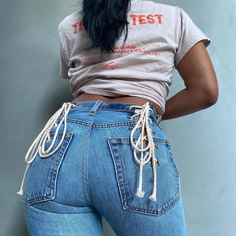 Lace Up Drawstring High Waisted Bootcut Jeans