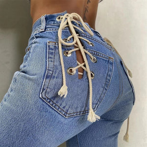 Lace Up Drawstring High Waisted Bootcut Jeans